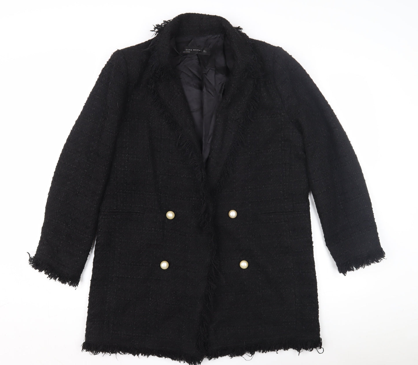 Zara Women Black Tweed Mid-Length Coat L