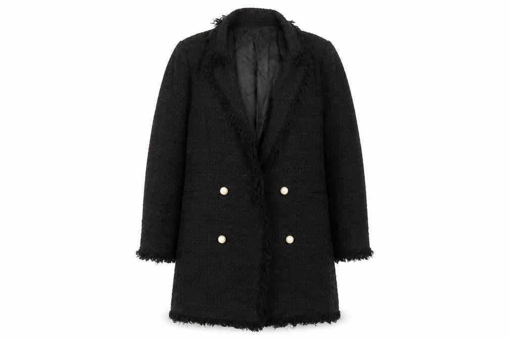 Zara Women Black Tweed Mid-Length Coat L