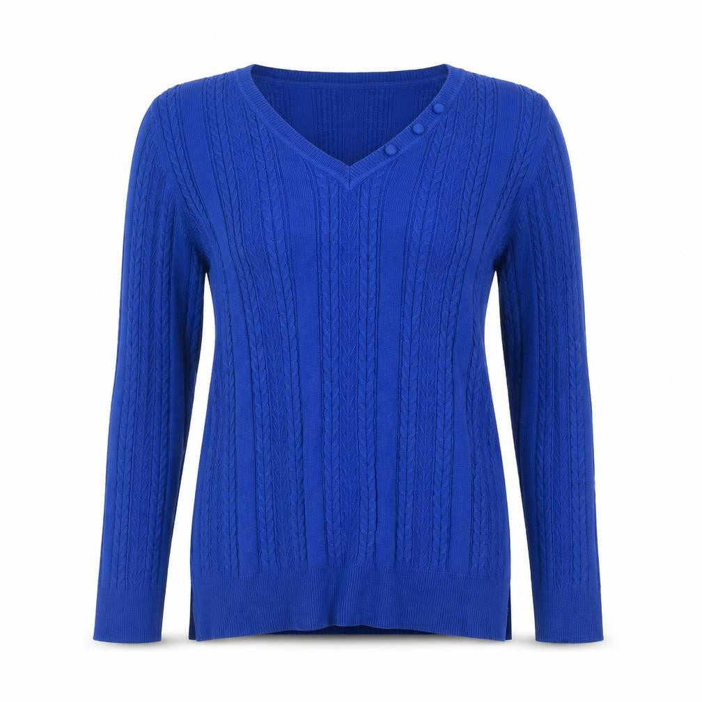 2RCC Women's Blue V-Neck Cable-Knit Jumper M