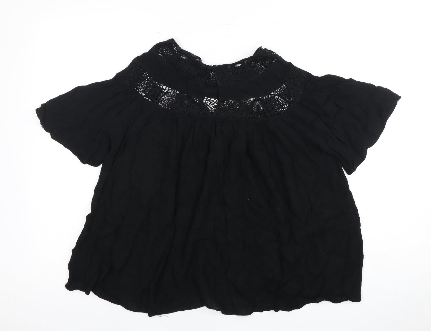 Zara Women Black 2XS High Neck Flutter Sleeve Top