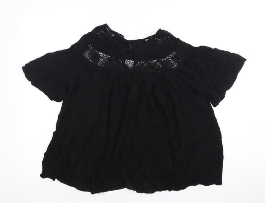 Zara Women Black 2XS High Neck Flutter Sleeve Top