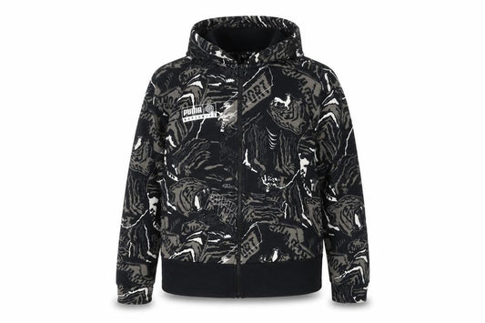 Front view of Puma boys’ black sports hoodie, size 164, logo accent