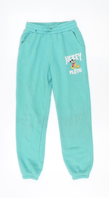 Front view of Disney girls’ green mickey tracksuit 10-11 years casual fleece