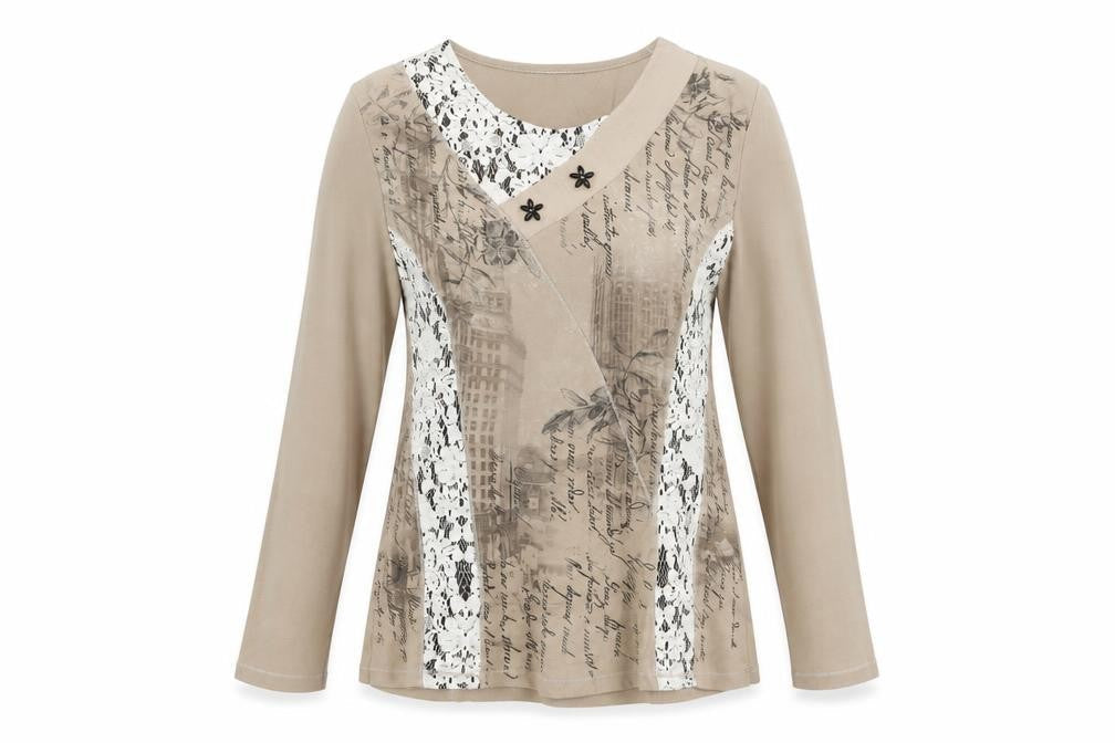 Kalisson Women's Beige Long Sleeve V-Neck Top M