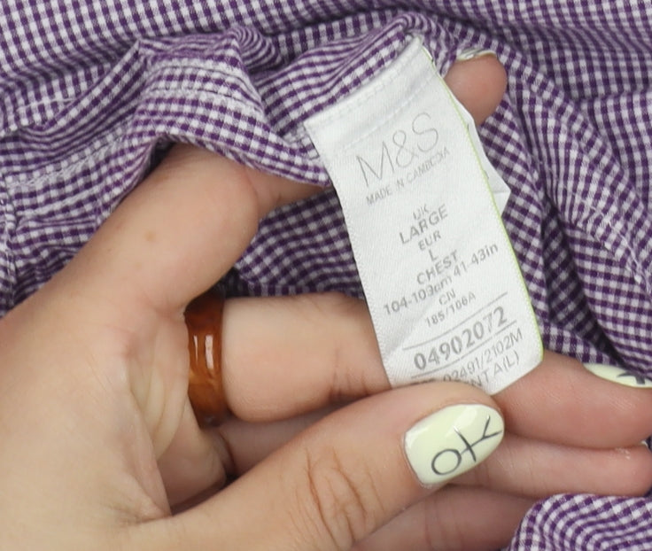 Marks and Spencer Men's Purple Check Short Sleeve Shirt L