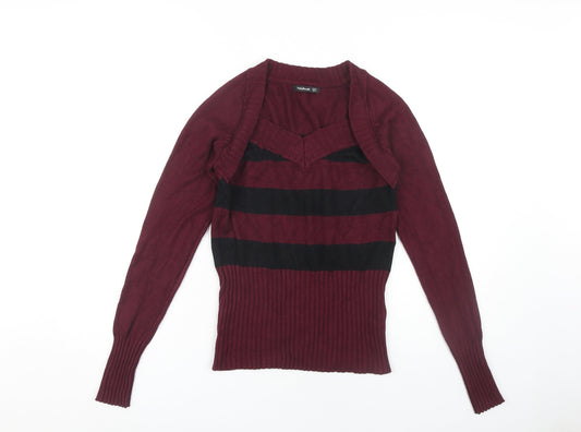 PattyBoutik Women's Red Striped V-Neck Jumper L