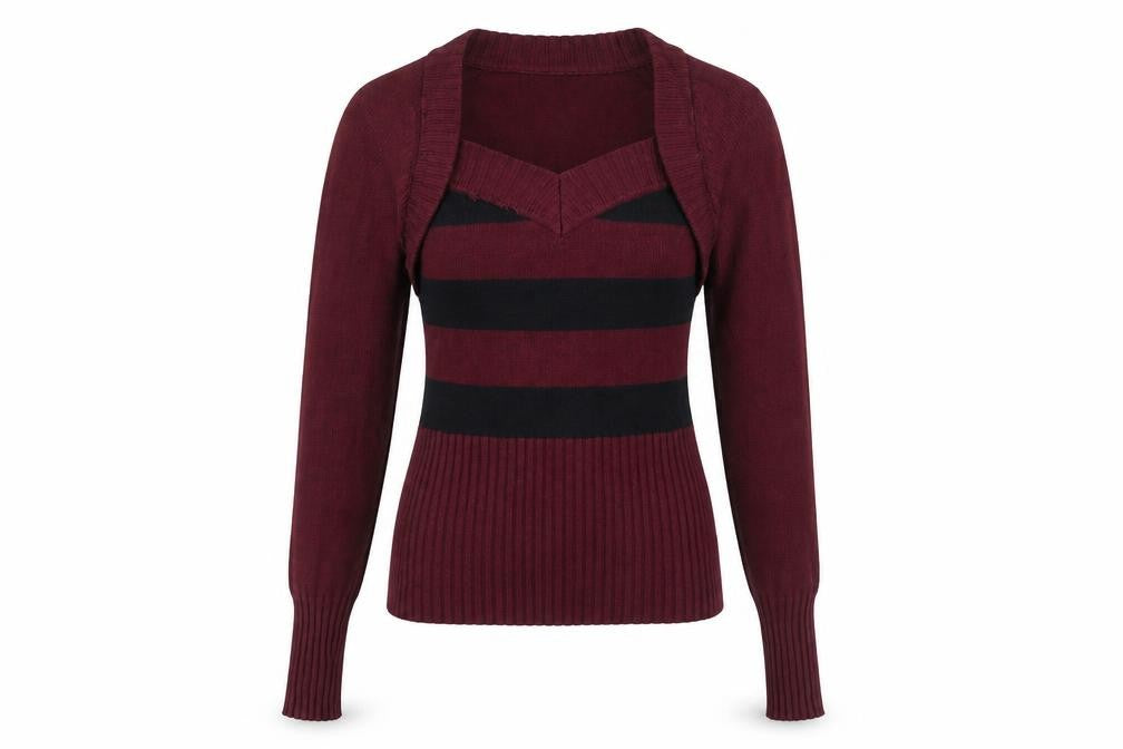 PattyBoutik Women's Red Striped V-Neck Jumper L