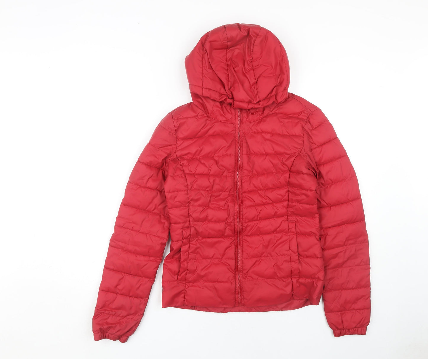 ONLY Women's Red Puffer Jacket, Size S, Hooded Zip