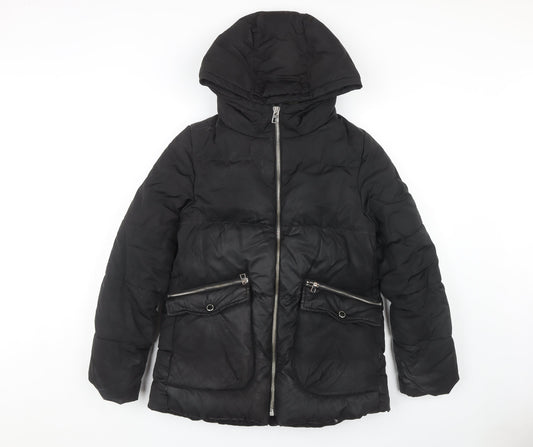 Zara Girls Black Puffer Jacket 13-14 Years With Hood