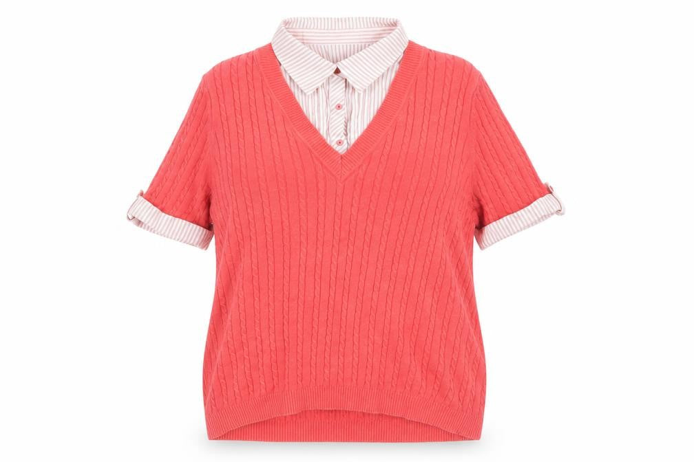 Maine New England Women's Red V-Neck Cotton Short Sleeve Sweater