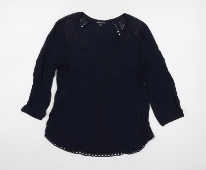 Warehouse Women's Blue V-Neck Lace Accent Top Size 10