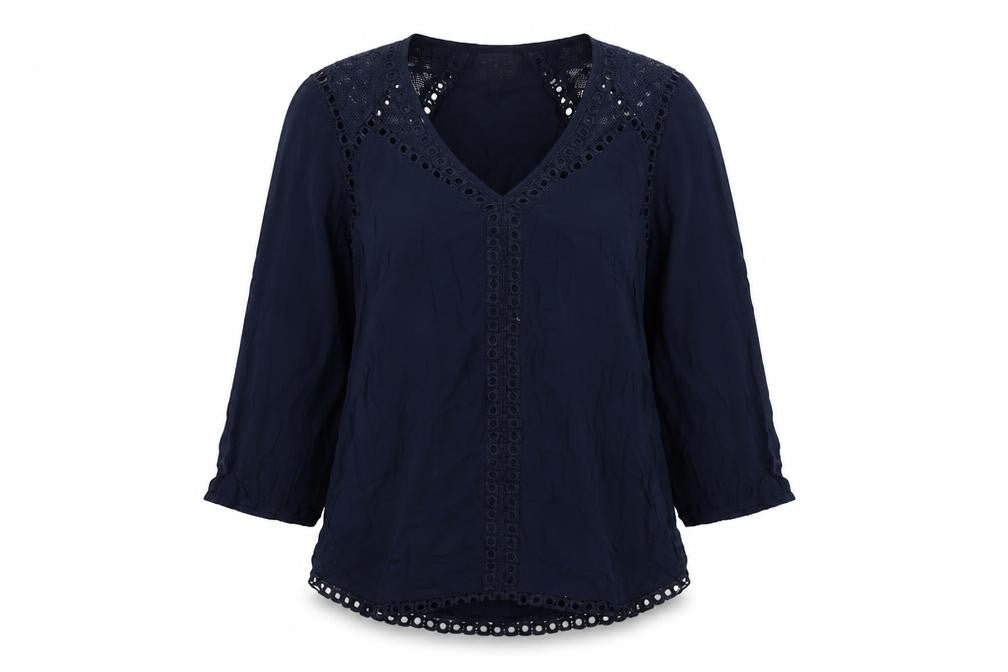 Warehouse Women's Blue V-Neck Lace Accent Top Size 10