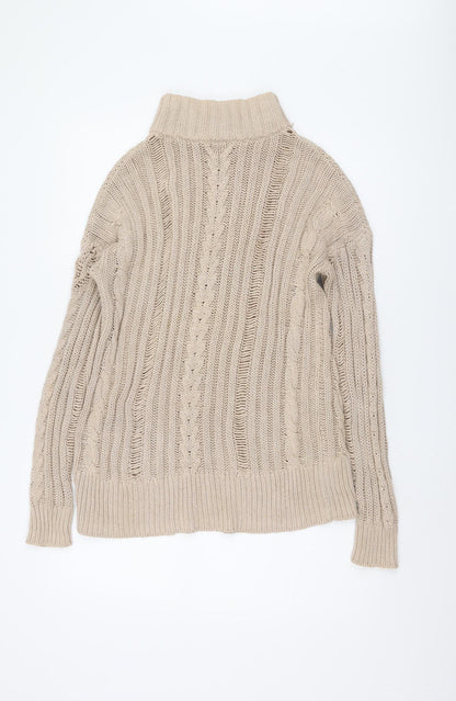 Additional front view of ASOS Beige Roll Neck Cable-Knit Cotton Pullover, size 6