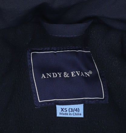 Brand and care label for Andy & Evan boys’ blue parka jacket xs