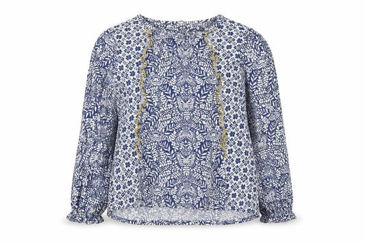 Front view of FatFace girls’' blue floral long sleeve blouse 6-7 years