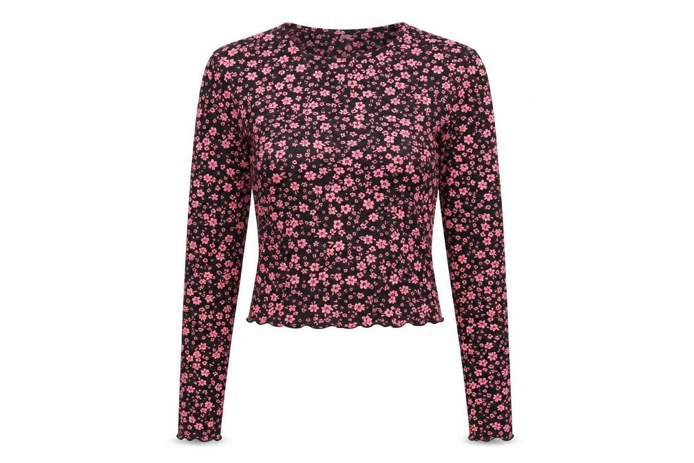 H&M Women's Black Floral Cropped Long Sleeve Blouse