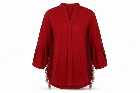 Front view of Zara Woman Red Fringe Blouse, size M, Tunic Style