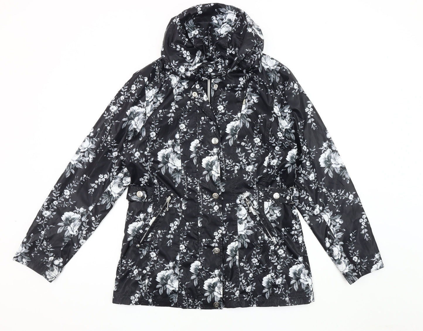 Finesse Women's Black Floral Rain Coat Size 10