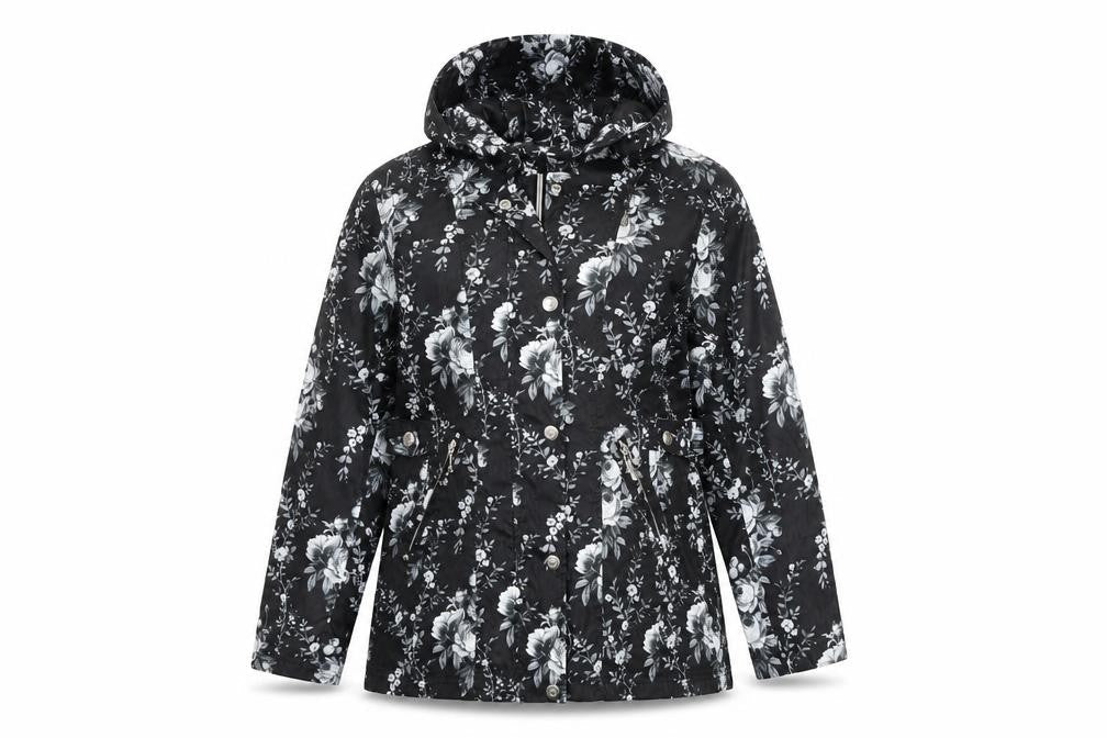 Finesse Women's Black Floral Rain Coat Size 10