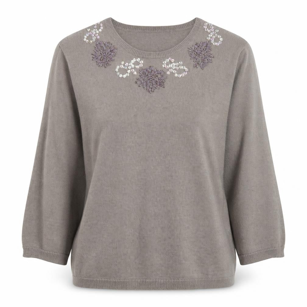 Jacques Vert Women's Grey 3/4 Sleeve Embroidered Jumper