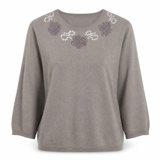 Jacques Vert Women's Grey 3/4 Sleeve Embroidered Jumper