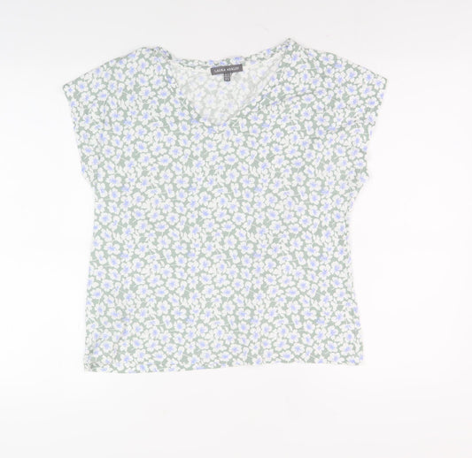 Laura Ashley Women's Green Floral V-Neck T-Shirt Size 12