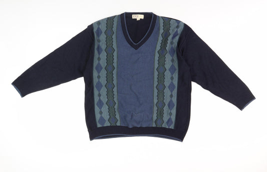 EWM Men's Blue Argyle V-Neck Pullover Jumper, L