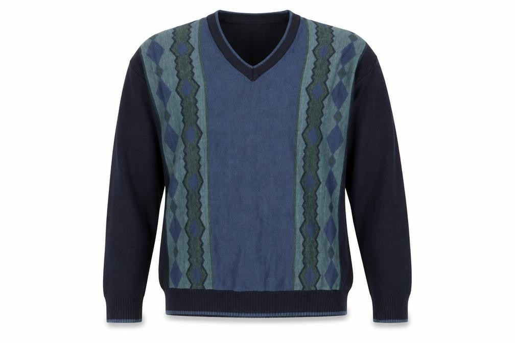 EWM Men's Blue Argyle V-Neck Pullover Jumper, L