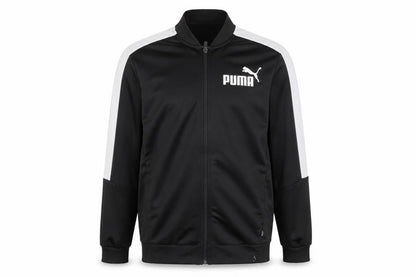 Front view of Puma boys’ black track jacket - large, hooded, polyester