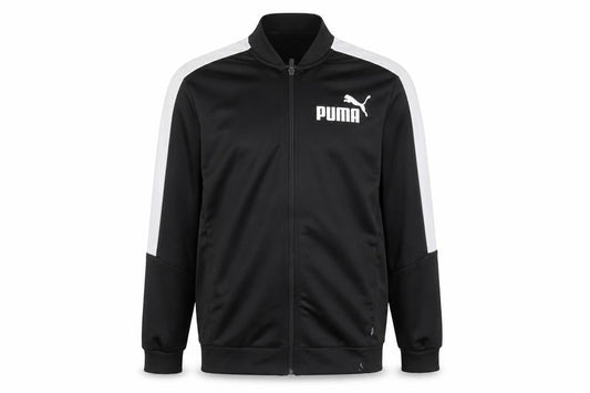 Front view of Puma boys’ black track jacket - large, hooded, polyester