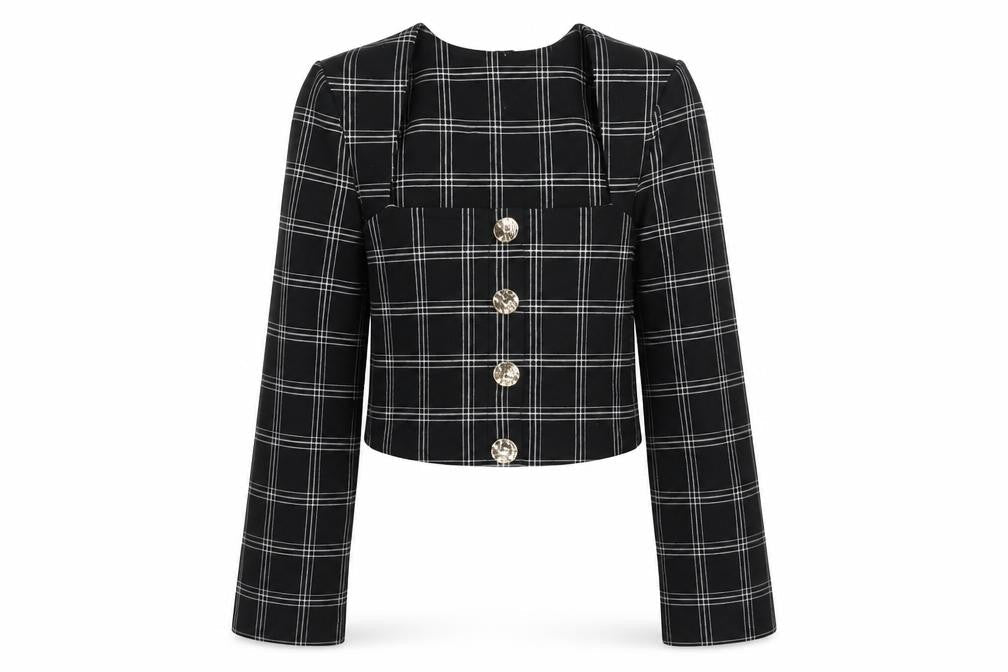 River Island Women's Black Check Cropped Blouse Size 6