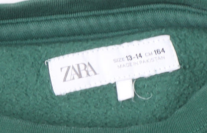 Brand and care label for Zara boys’ green graphic print sweatshirt 13-14 years