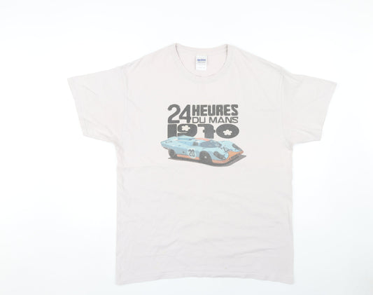 Gildan Men's Beige Car Print T-Shirt, Large, Classic Style