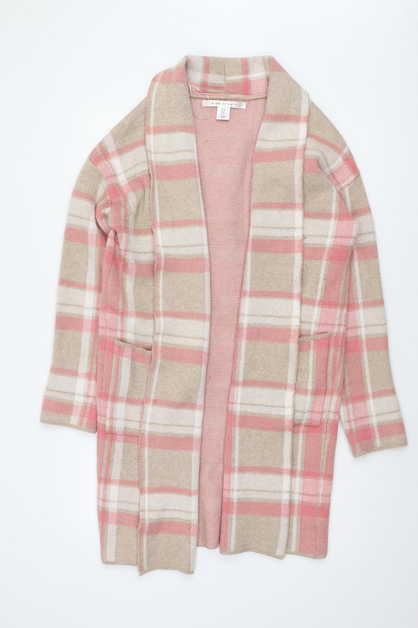 Max Studio Women's Pink Plaid Open Front Cardigan, Size S