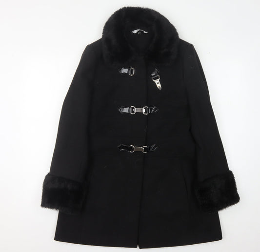 Debenhams Women's Black Overcoat with Fur Trim, Size 12