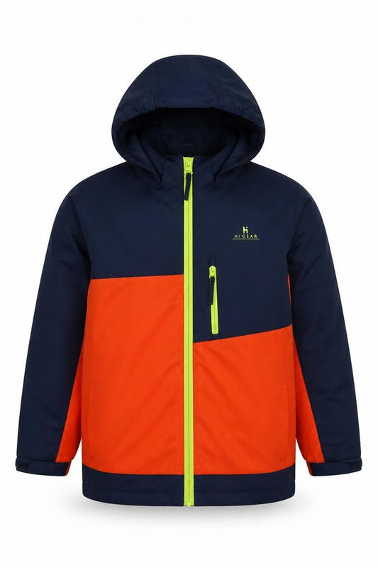 Front view of Hi Gear boys’ colourblock parka jacket, blue/orange, size 8