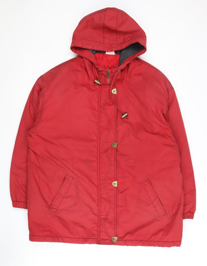 Additional front view of Casual Woman Red Hooded Long Coat, size 16, Polyester Blend