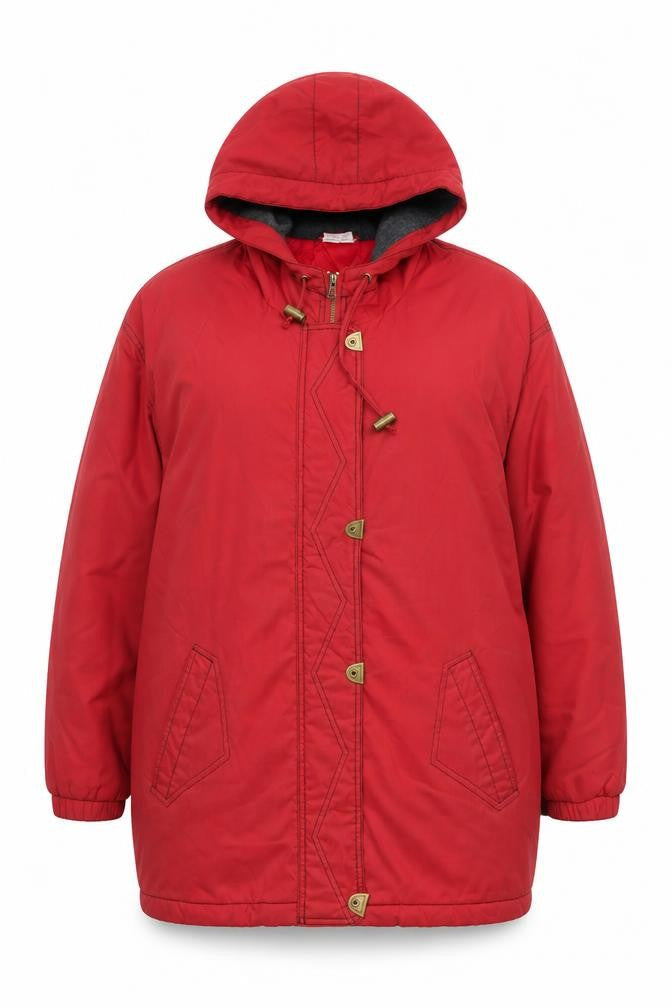 Casual Woman Red Hooded Long Coat, Size 16, Polyester Blend