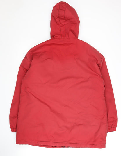 Back view of Casual Woman Red Hooded Long Coat, size 16, Polyester Blend