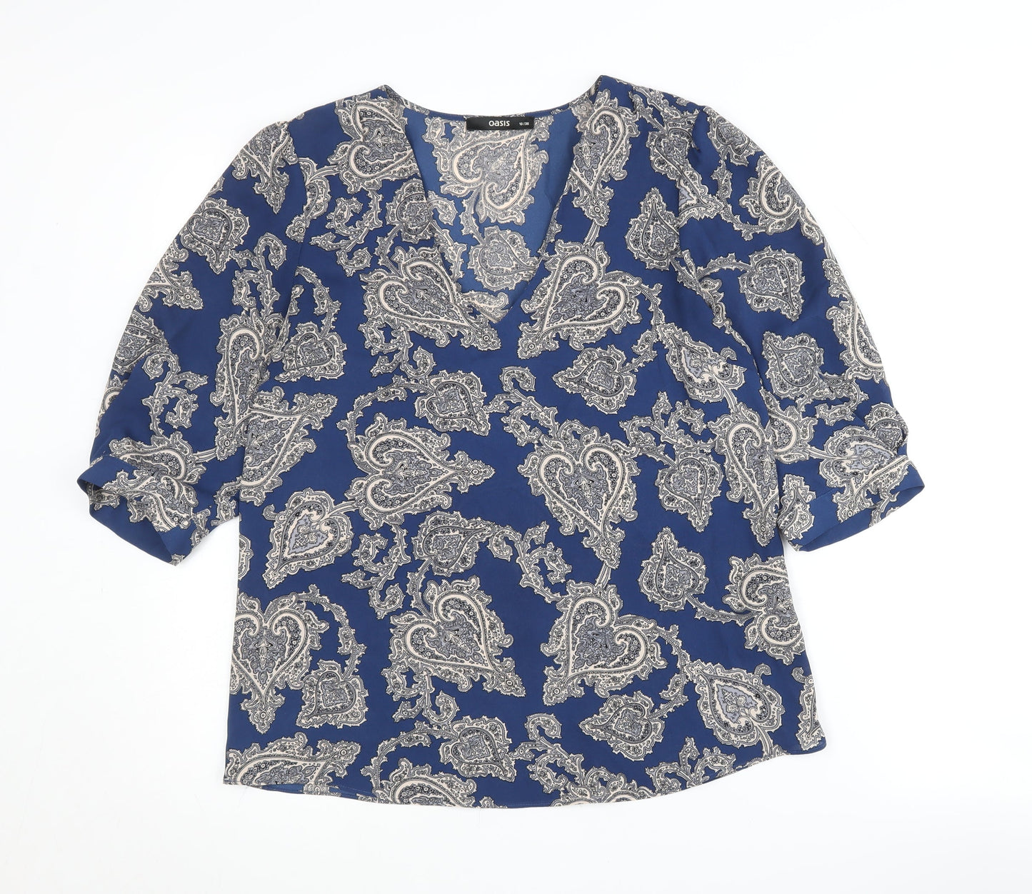 Oasis Women's Blue Paisley V-Neck Blouse Size 10
