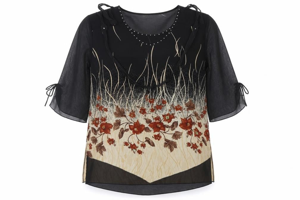 Sharon Collection Women's L Floral Blouse Beige/Black
