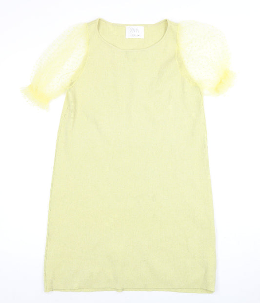 Zara Girls Green Knit Puff Sleeve Shift Dress 13-14 Years