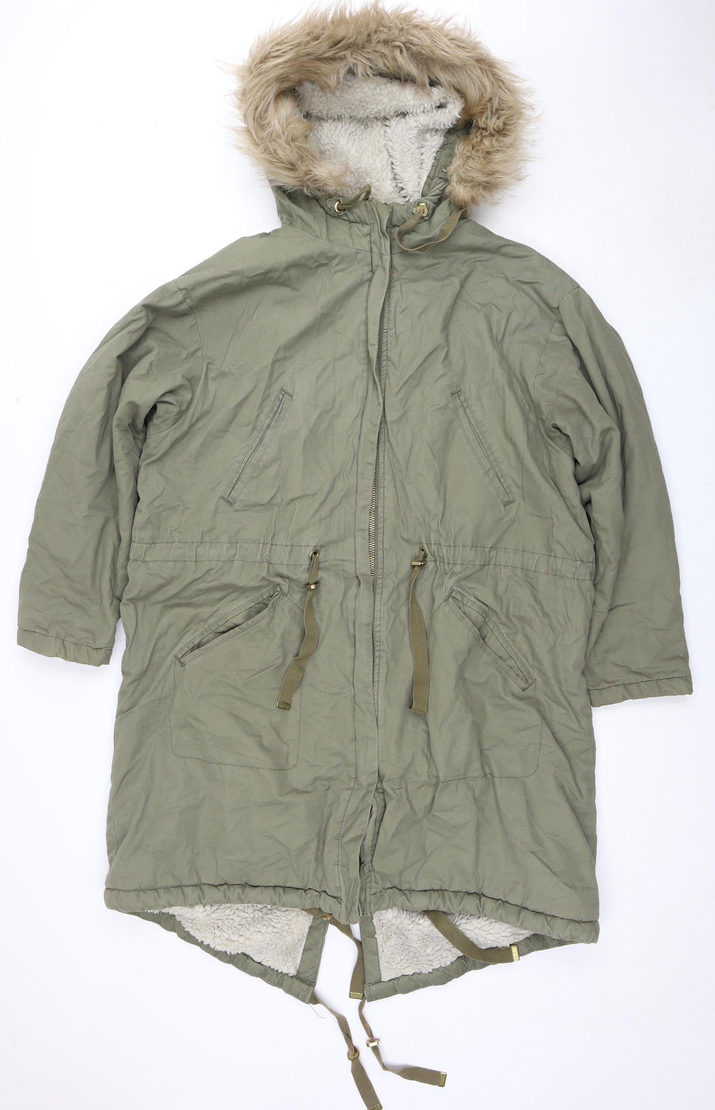 H&M Women's Green Parka Jacket, Size 12, Hooded Winter Coat