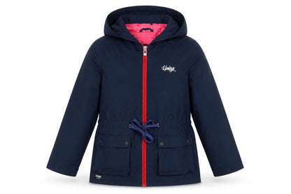 Front view of Henleys girls’ blue jacket 9-10 years hooded mid-length