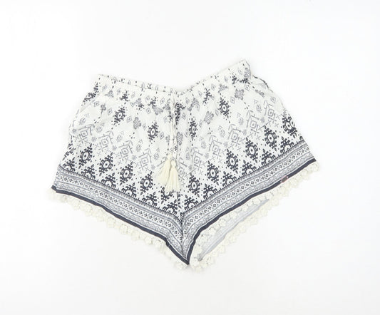 Superdry Women's White Printed Shorts with Tassels