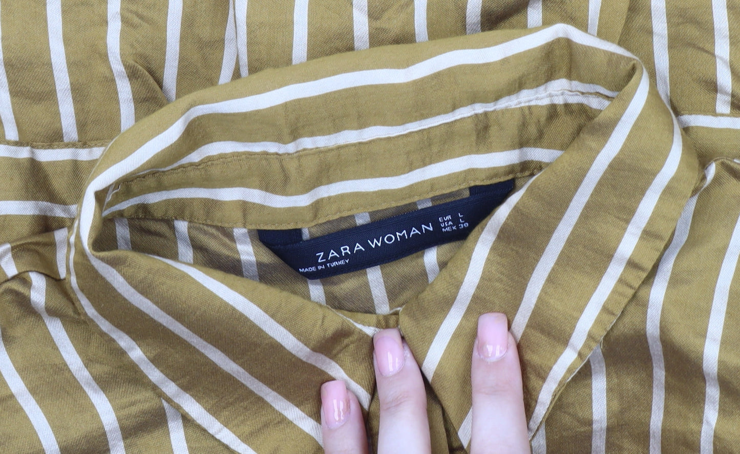 Zara Woman Brown Striped Blouse, Size 12, Collared