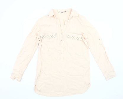 Zara Women's Beige Studded Blouse, Size 12, Long Sleeve