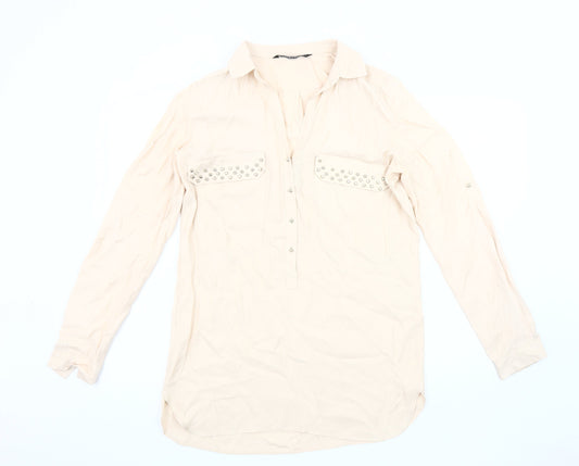 Zara Women's Beige Studded Blouse, Size 12, Long Sleeve