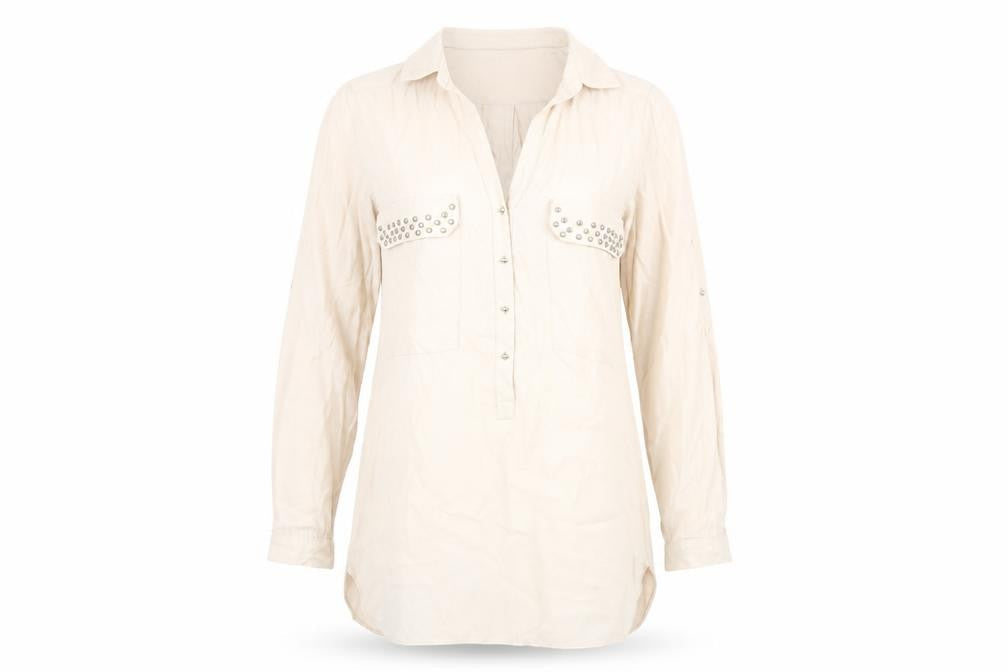 Zara Women's Beige Studded Blouse, Size 12, Long Sleeve