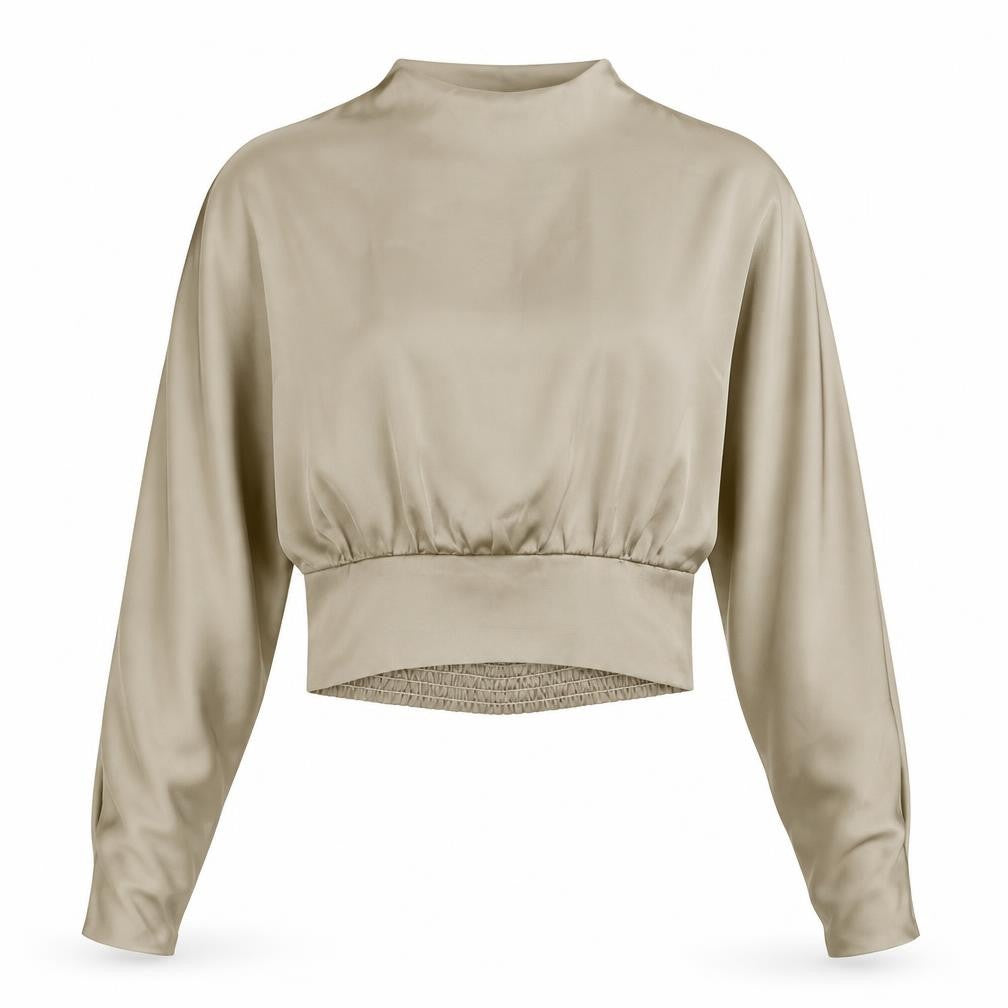 Zara Women's Beige High Neck Balloon Sleeve Blouse